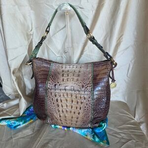 Brahmin Tabitha Hobo Bag Moss Rowan Croc Emboss Brown Green Leather Shoulder Bag